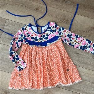 Cheeky Plum Floral Orange Daisy and pink buds Long Sleeve Dress Lace Trim 4T